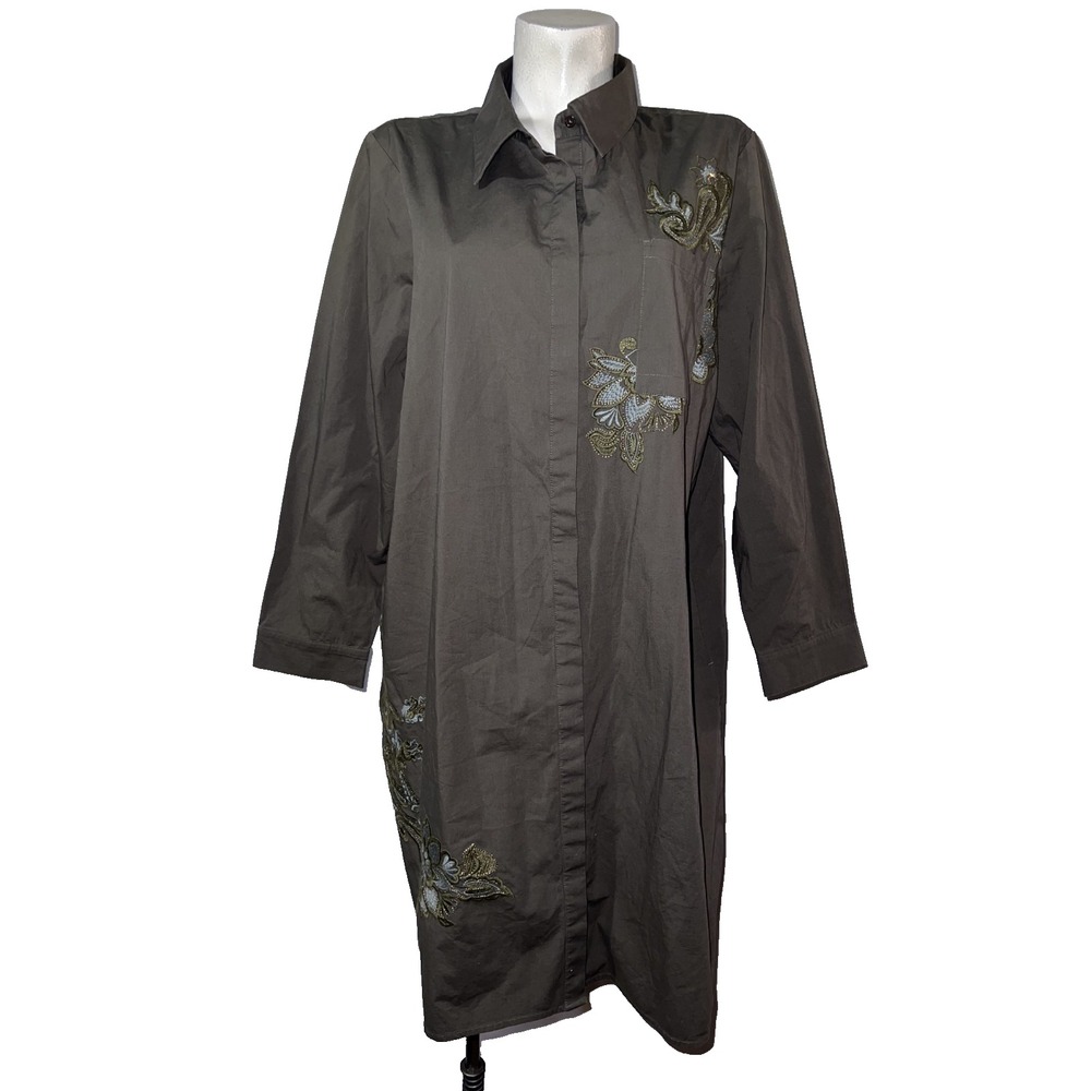 New Chicos Olive Green Embroidered Paisley Midi Shirt Dress Long Sleeve Boho NWT